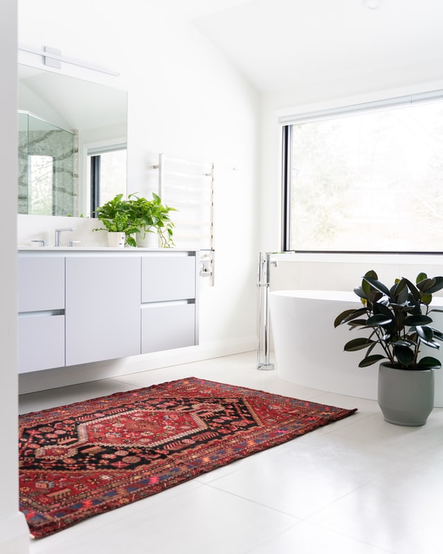 A vintage rug in a bathroom next to a house plant as an example of how to mix modern and vintage home decor