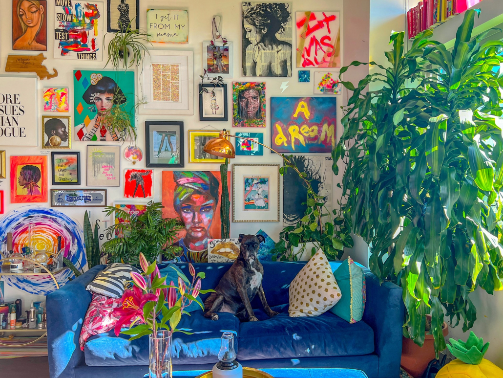 A modern colorful living room with a lot of art on the wall